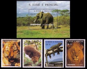 Sao Tome Wild Animals Elephant Tiger Lion Gecko Potto 4v+MS 1996 MNH