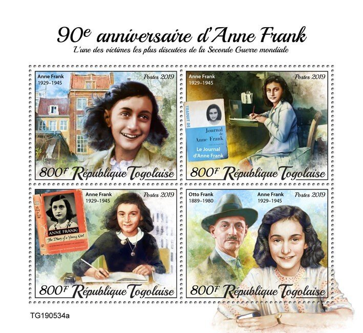 TOGO - 2019 - Anne Frank - Perf 4v Sheet - Mint Never Hinged