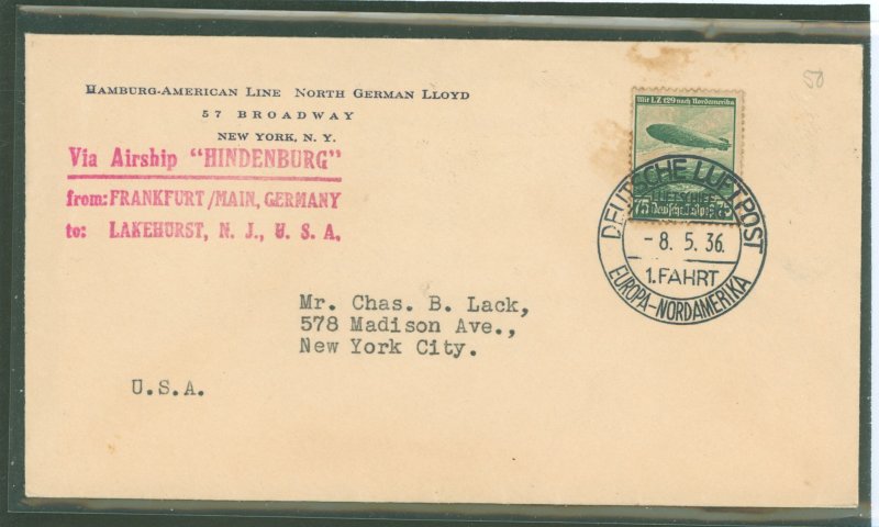Germany C58 1936 cover carried on the first flight to North America for the airship Hindenburg (May 5) from Frankfurt (main) Ger