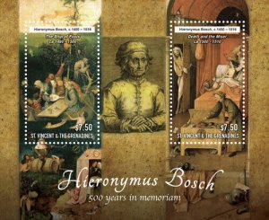 St. Vincent 2016 - Hieronymus Bosch, Paintings, Art - Sheet of 2 Stamps - MNH