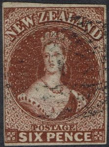 NEW ZEALAND 1862 QV CHALON 6D RED BROWN IMPERF WMK LARGE STAR USED