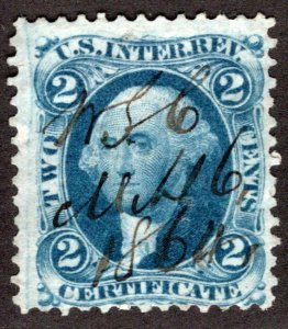 Scott R7c, 2c, blue, perf, used, MS cancel, USA Revenue Stamp