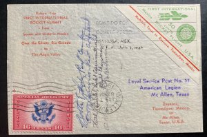 1936 Reynosa Tamps Mexico First Rocket Flight Mail cover To McAllen USA Signed 3