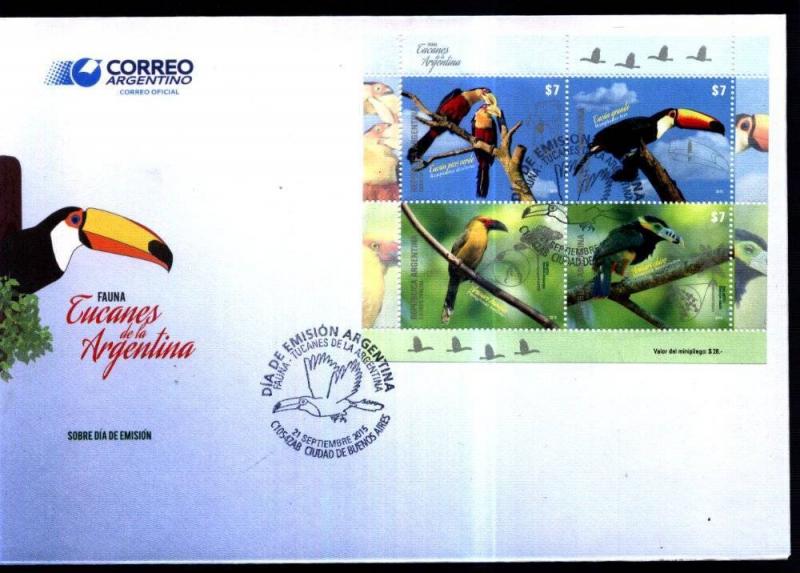 ARGENTINA 2015, FAUNA BIRDS TUCANS CAMELIDS, 2 MINISHEET YV 3085-92 FDC