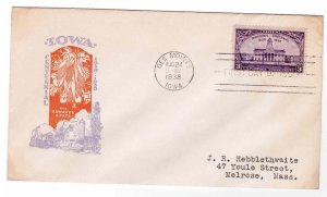 USA FDC 1938 Sc 838 Iowa Centennial Orange and Lilac Ioor Cachet Des Moines