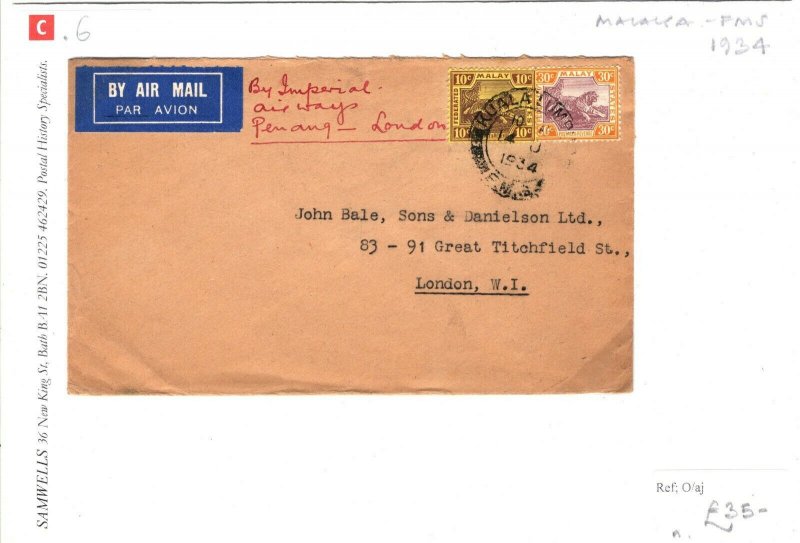 MALAYA Cover FMS Imperial Airways Air Mail Kuala Lumpur via Penang GB 1934 SC6