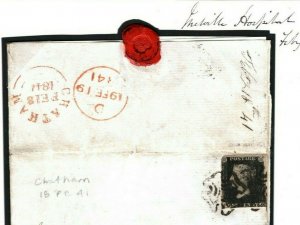 GB PENNY BLACK Cover *Victoria Hospital* Chatham 1841 NAVAL SURGEON Letter MC107