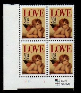 1995 Love Cupid Valentine's Plate Block of 4 32c Postage Stamps, Sc# 2957, MNH