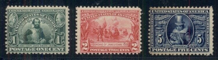 US #328-30 Complete Jamestown set 1¢ - 5¢ NH w/some toning, Scott $500.00