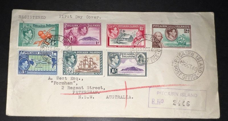 1940 Registered Pitcairn Island First Day Cover FDC to Petersham NSW Australia 