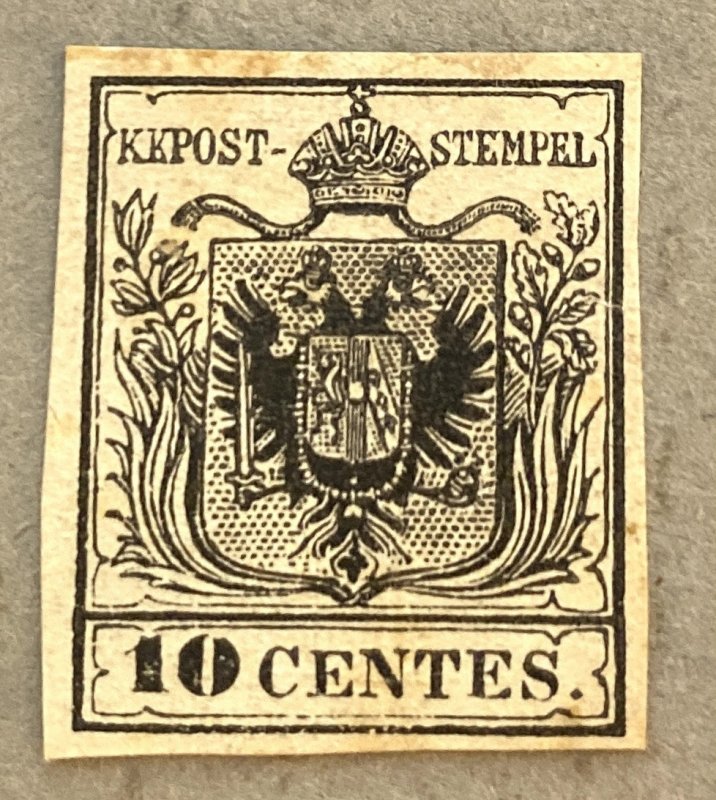 Lombardy Venetia 3 / 1850 Black Coat of Arms 10c Stamp, Unused