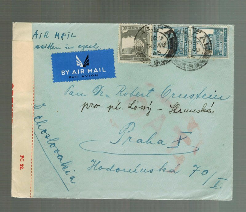 1945 Haifa Palestine Censored cover to Czechoslovakia