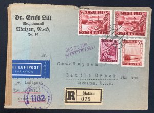 1946 Matzen Austria Censored Airmail Cover To Battlecreek MI USA Commercial