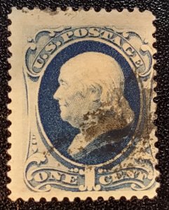 Scott Stamp# 145 - Used 1870 1¢ Franklin, Ultramarine. Free Shipping.