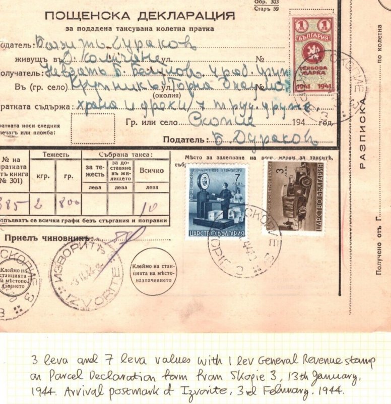 BULGARIA USED MACEDONIA WW2 *PARCEL POST FORM* Skopje 1941 Izvorit REVENUE MAL23