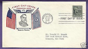 828  HARRISON 24c 1938, FIDELITY FIRST DAY COVER, ADDR.