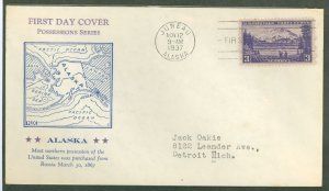 US 800 1937 3c Alaska (part of the US Possession Series) single on an addressed (typed) FDC with a Holland cachet