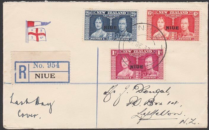 NIUE 1937 Coronation set on Registered LAST DAY COVER 31 Dec 1937..........C657