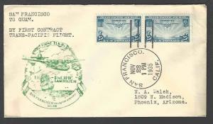 1935 C20 X 2 FDC SAN FRANCISCO TO GUAM W/GREEN CACHET