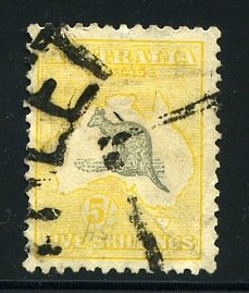 Australia #54 (SG 42) Cat£95, 1915-28 Kangaroo, 5sh yellow and gray, heavy c...