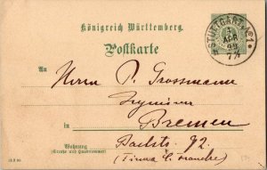 Germany Wurttemberg 5pf Numeral Postal Card 1899 Stuttgart No. 1 to Bremen.