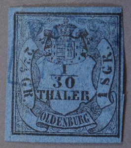 German States Oldenburg #1 VF Used Blue Rectangular Cancel Hinge Remnants