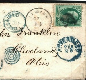 USA Cover 3c Green Undelivered *UNCLAIMED* in Blue Ohio Cleveland 1870 S102c