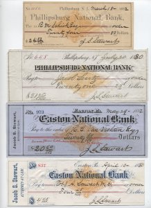 4 1880-82 revenue stamped paper checks PA and NJ [y7801]