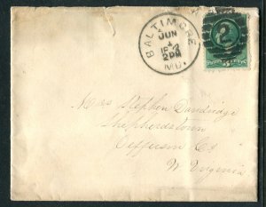 1873 Baltimore MD Cover to Shepherdstown WV 3c Banknote Stamp Dandridge Family