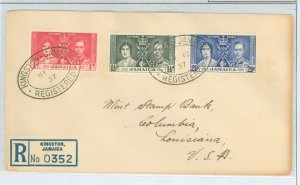 Jamaica 113-115 1937 Royalty, King George VI, Registered FDC to Stamp Dealer