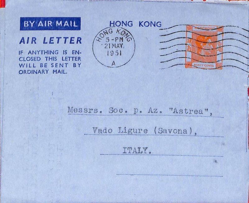 aa6797 - HONG KONG - POSTAL HISTORY - Stationery AEROGRAMME  to ITALY  1951