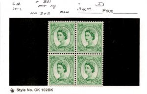 Great Britain, Postage Stamp, #301 Mint NH Block, 1952 Queen Elizabeth (AG)