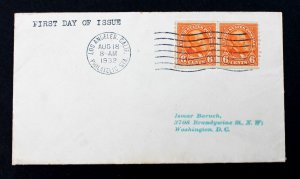 US #723 FDC 1932  6c Garfield Pair on Tiny Cover 3 x 5 1/2