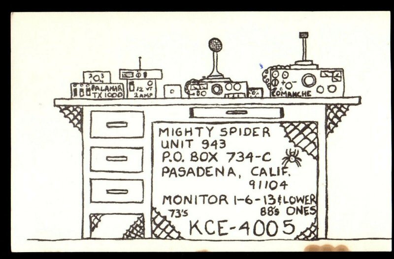 QSL QSO RADIO CARD Mighty Spider,KCE-4005,Gold Coast of Southern CA, (Q3705)