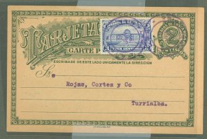 Costa Rica UX 1929 2 cent P.C. + 3cent stamp for New Rate? Used from Limon, commercial shipment notice