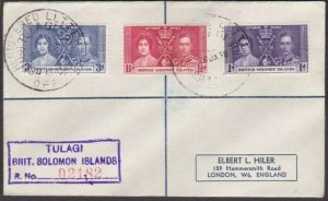 SOLOMON IS 1938 Registered cover ex Tulagi with Coronation set..............V261