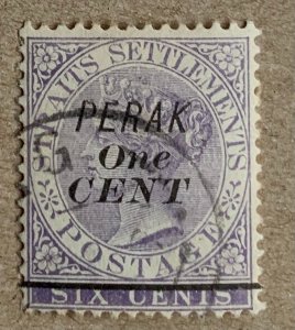 Perak 1891 1c on 6c, nicely used. Scott 29, CV $42.50. SG 43