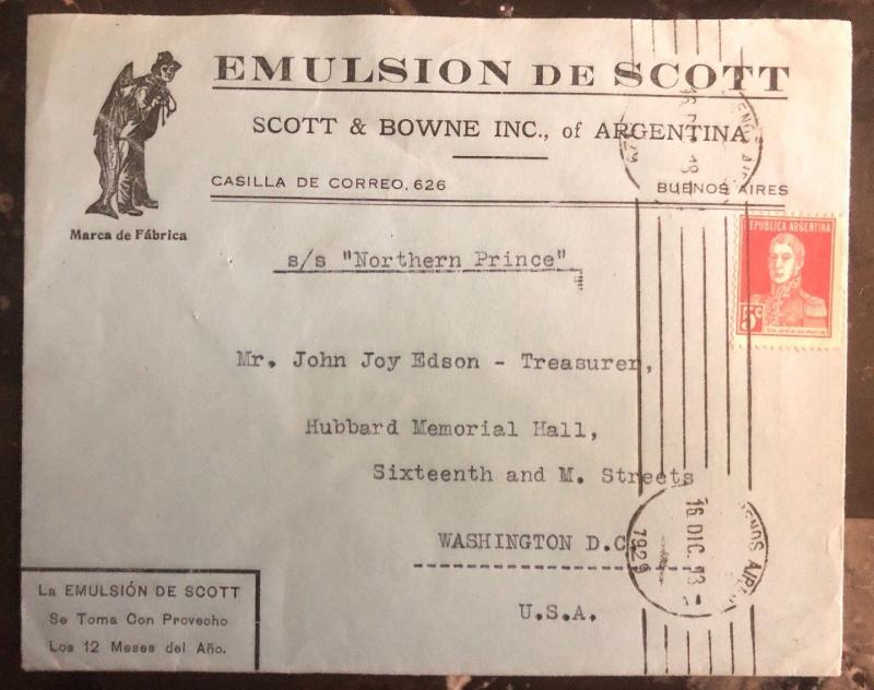 1918 Buenos Aires Argentina Advertising  Cover To Washington Usa Scotts Emulsion