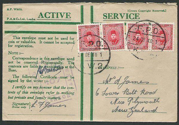 NEW ZEALAND FORCES IN EGYPT 1940 Honour envelope, Army Post................41573