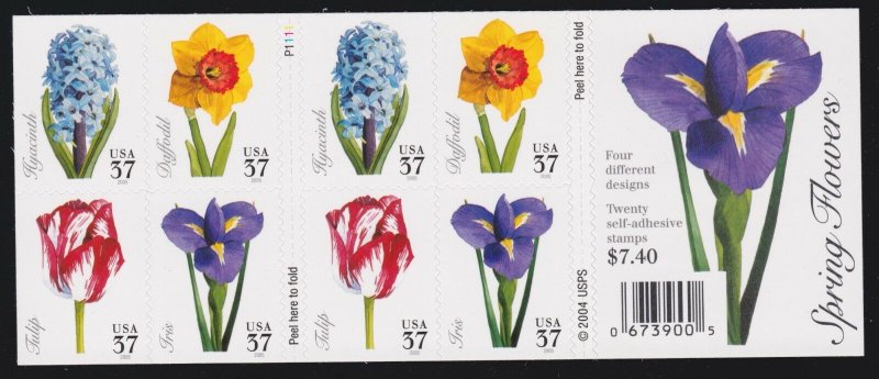 US 2004 3900-03 37c Spring Flowers Mint Stamp Booklet NH