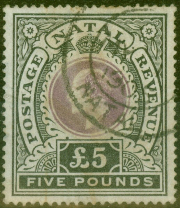 Natal 1902 £5 Mauve & Black SG144 Good Used Cleaned Fiscal Forged Cancel 