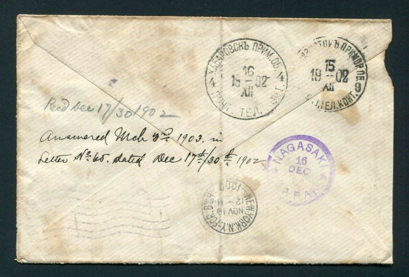 1902 San Francisco, California to Siberia via Nagasaki, Japan - Nice Backstamps!