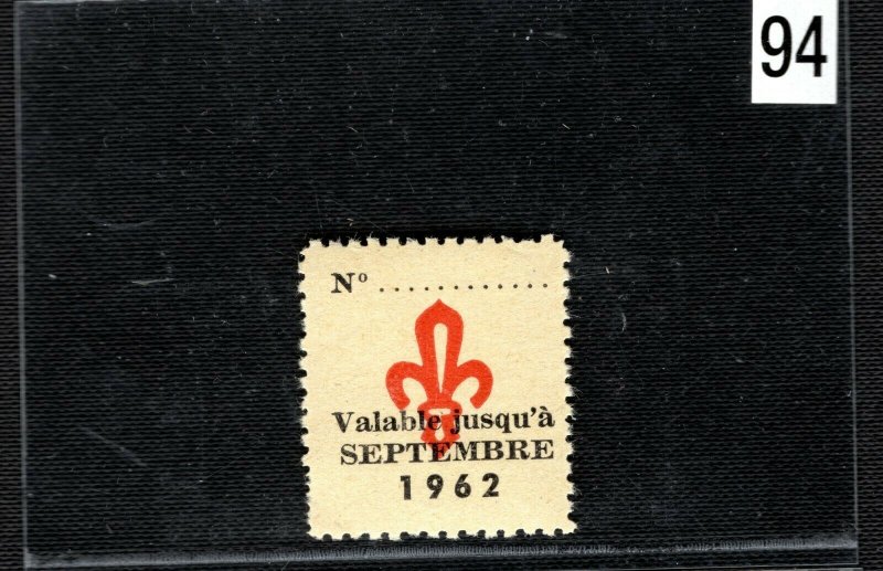 SCOUTS STAMP/LABEL France Valable Jusqu'a 1962 Mint UMM MNH 2WHITE94