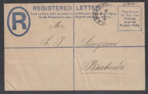 Barbados H&G C3 used 1894 1p Registered Envelope, local use VF