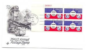 C89  25c Plane and Globe, ArtCraft plate block FDC