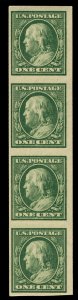 US #383v EST $60.00 XF mint never hinged, STRIP of 4,  SUPER FRESH COIL STOCK...