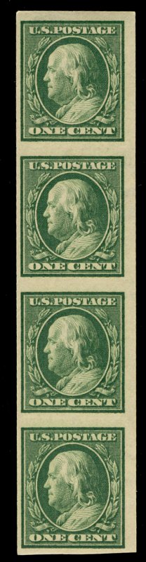 US #383v EST $60.00 XF mint never hinged, STRIP of 4,  SUPER FRESH COIL STOCK...