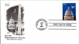 KAPPYS FDC PRIORITY MAIL STAMP CAPITOL BUILDING $3.50 2001 HV52