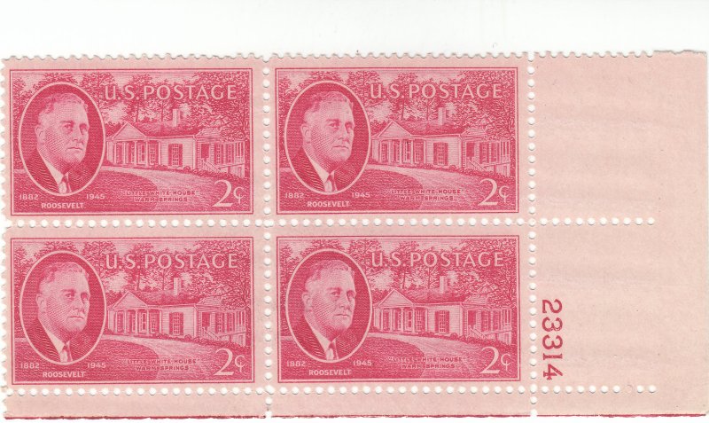 Scott # 931 - 2c Carmine - Franklin Roosevelt Issue -  plate block of 4 - MNH 