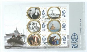 New Zealand 2689a 2016 75th anniversary of the n z navy, souvenir sheet of 6 stamps on a cacheted, unaddressed fd cover